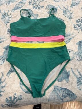 Green Two-Piece Bikini with Pink & Yellow Bands, size XL fits 12-15
